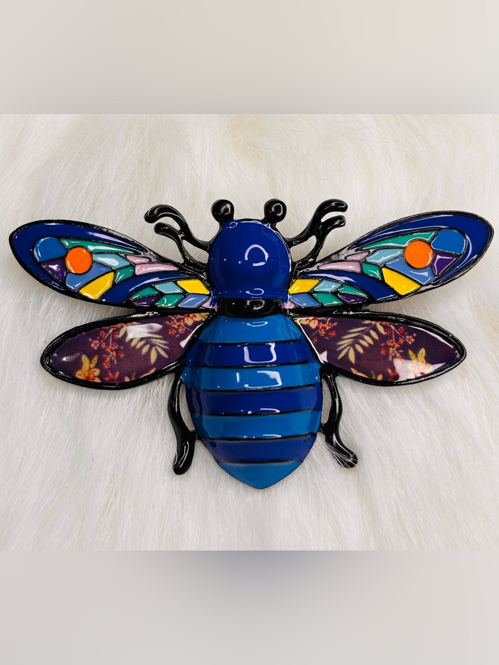 Large Blue Bee Brooch – Colorful Floral Enamel Statement Pin